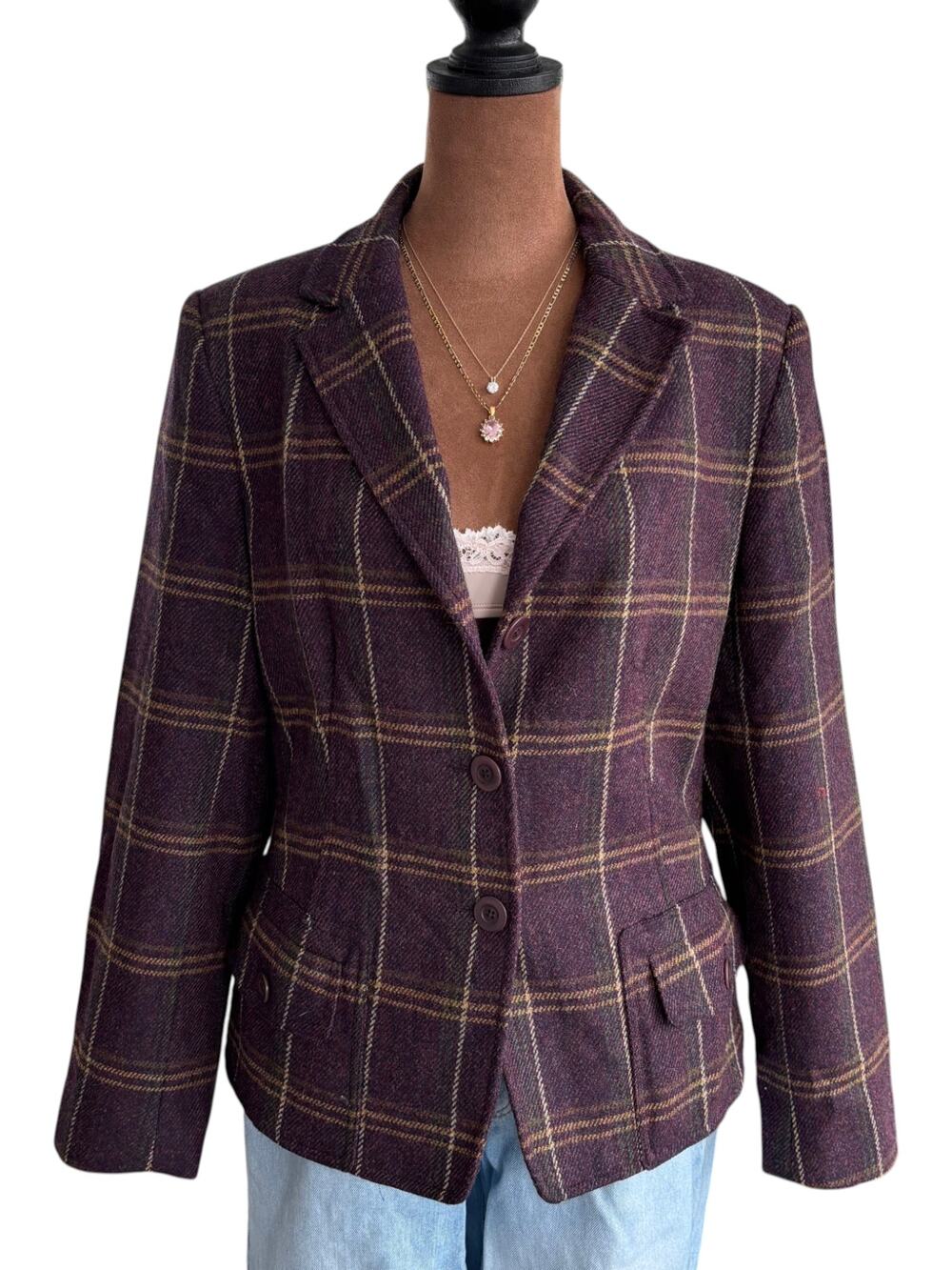 90s Vintage Talbots 100% Wool Plaid Windowpane Blazer Jacket Plum Purple Size 10
